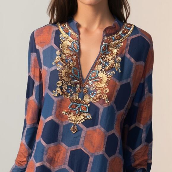 Soft Surroundings Beaded Embellished Tunic Top Blouse Blue Rust Honeycomb Print - Picture 8 of 8